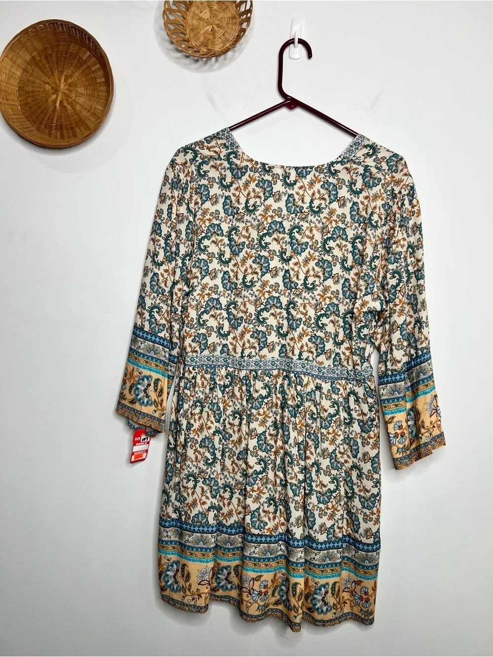 Boho Floral V-Neck Tunic Dress in Teal & Mustard Size Medium - Picture 3 of 7